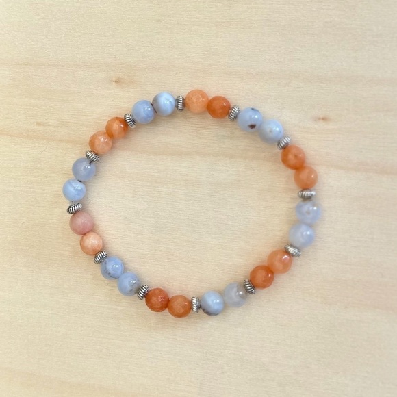 Handmade Jewelry - Blue Agate & Orange Quartz Stretchy Beaded Bracelet w/Silver Tones